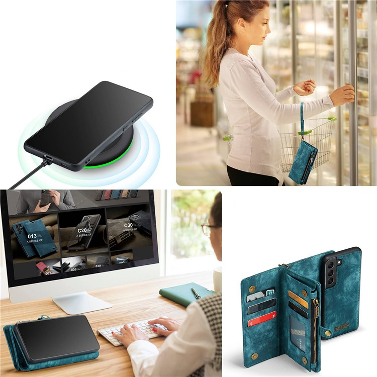 Samsung Galaxy S21 FE 5G 2in1 Leder Tasche   Magnet Hardcase Karten Etui - Blau / Grün