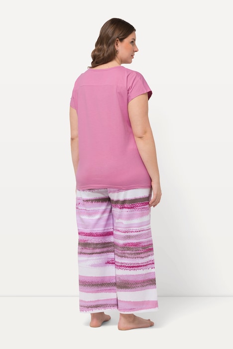 Pyjama, Streifen, Stickerei, Rundhals, Halbarm
