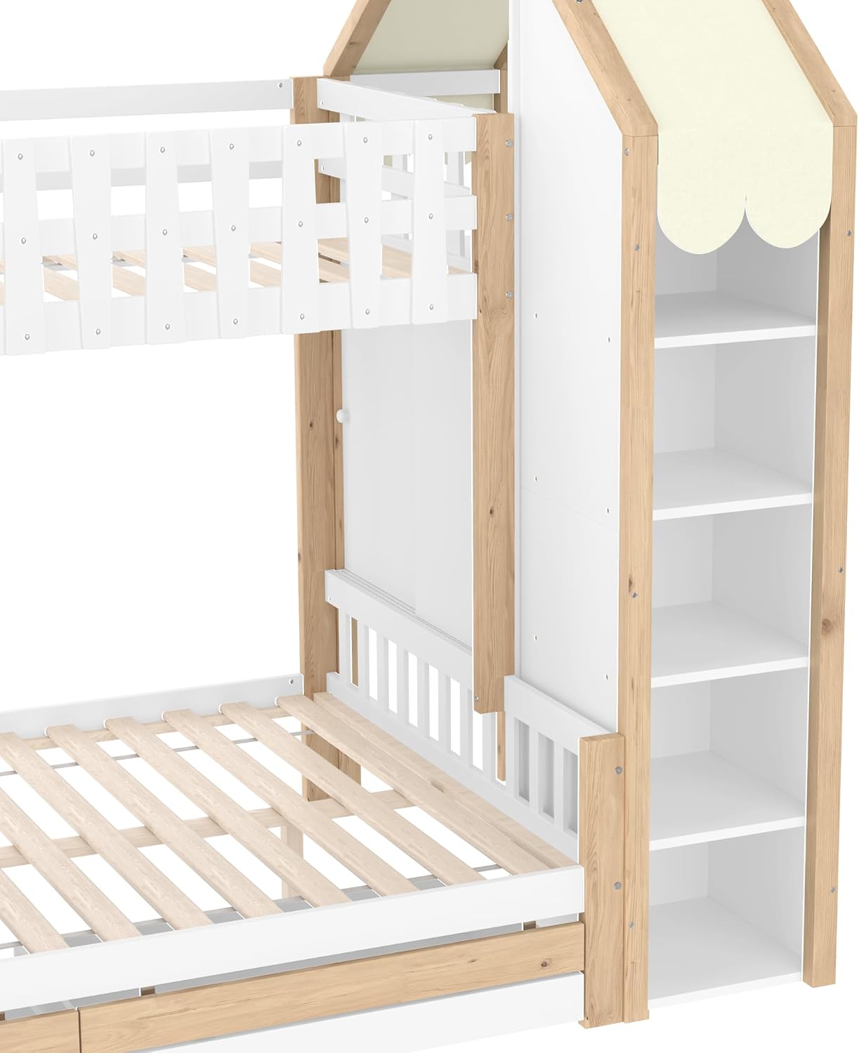 Etagenbett 90x200cm+140x200cm, Kinderbett Hochbett mit Bettgitter, Hausleiste, 2 Schubladen, Leiter, Unregelmäßiger Zaun, Funktionsbett Stockbett, Ohne Matratze(Weiß+ Natur)