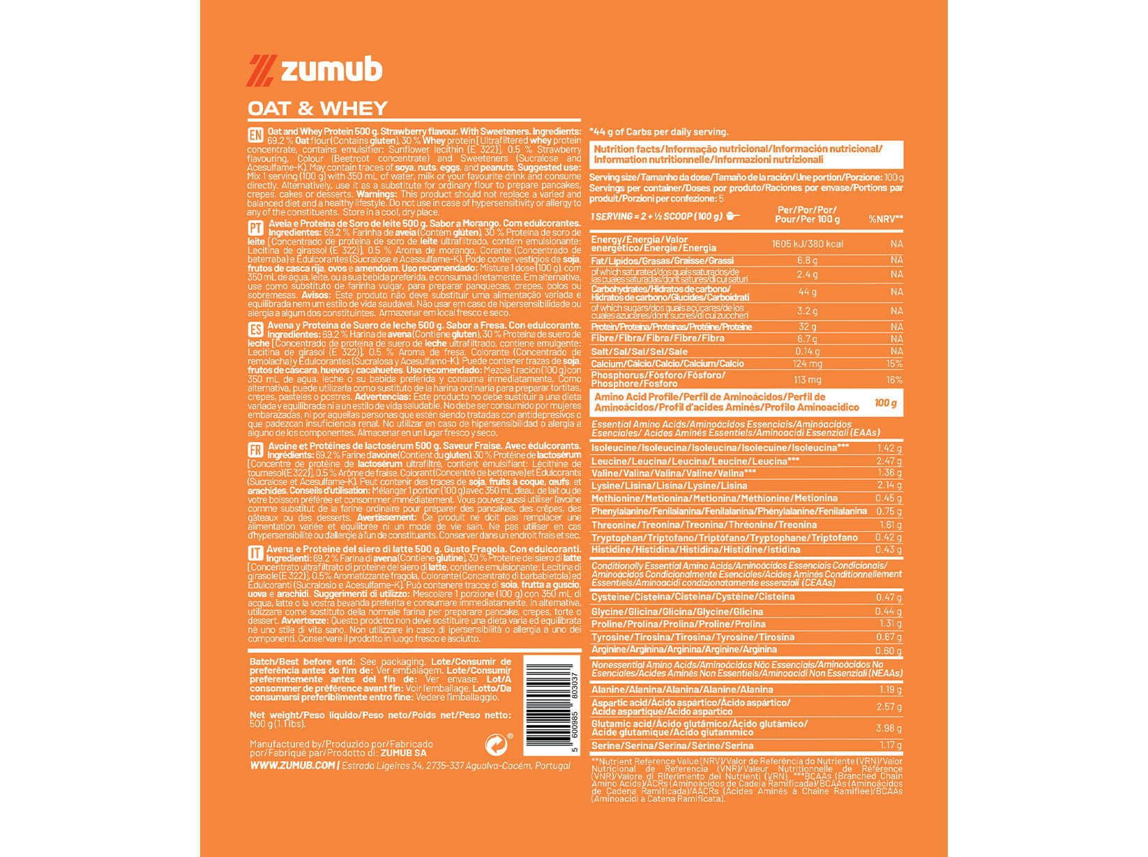 PROTEINA ZUMUB AVEIA & WHEY MORANGO 500 G