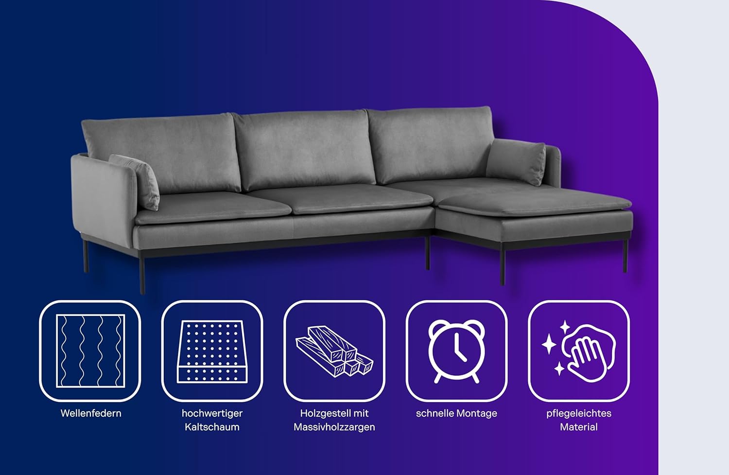 Traumnacht Ecksofa Lyon Sofa 2-Sitzer mit Recamiere, anthrazit/Recamiere lässt sich flexibel an der rechten oder linken Seite anbauen, produziert nach deutschem Qualitätsstandard, leichter Aufbau