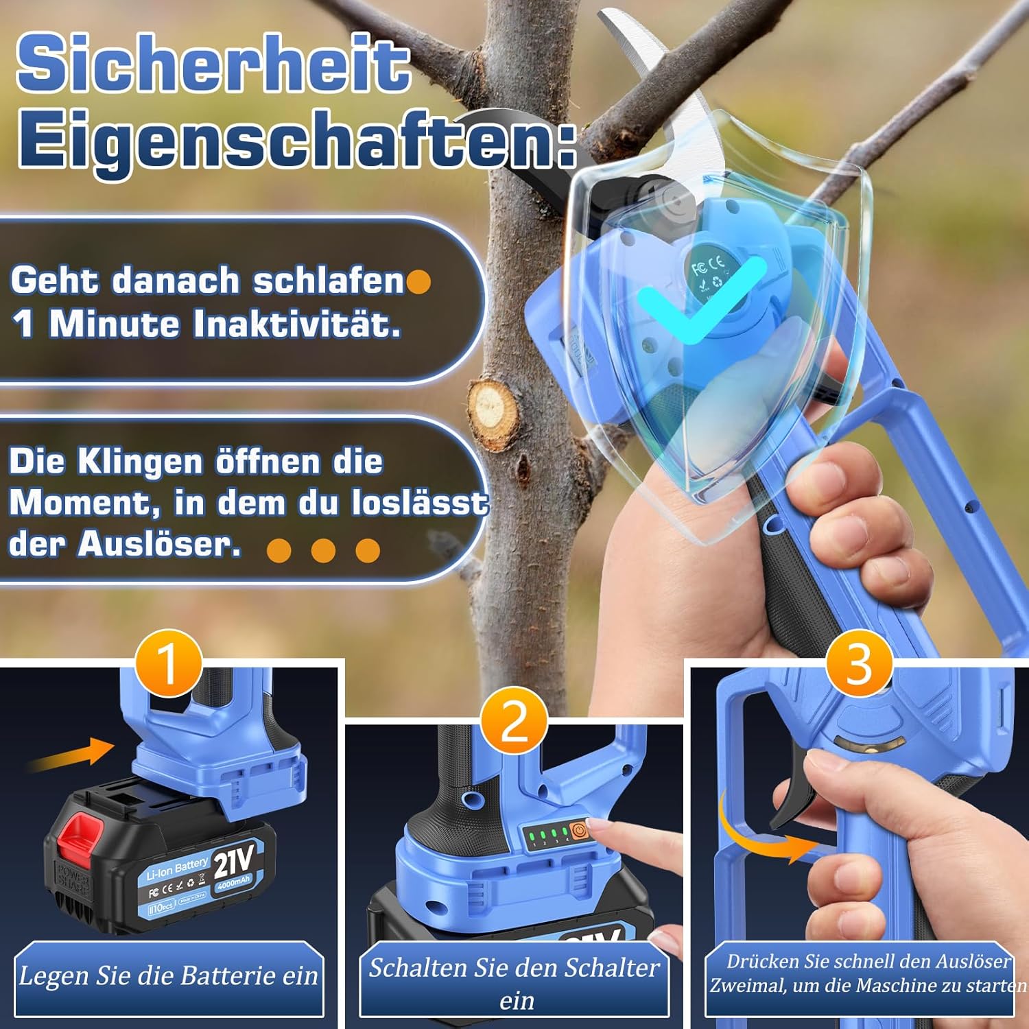 Akku Astschere 70mm, Gartenschere Akku mit 4-Stufige, 2×4000mAh Akku,1000W Bürstenloser Motor Bypass Baumschere, LCD-Display & Sicherheitslock, SK7-Klingen, Elektrische Astschere für Garten, Obstbäume