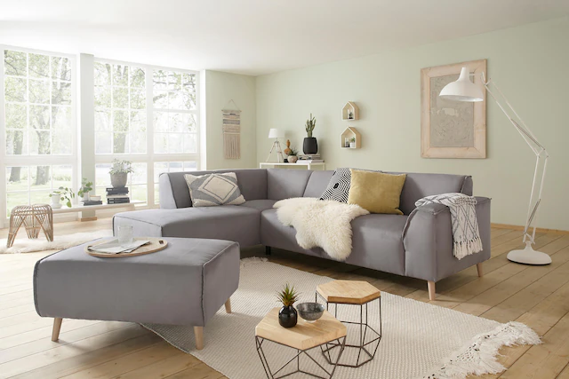 Home affaire Ecksofa »Julia zeitlose und elegante Couch, hoher Sitzkomfort, L-Form« Federkern-Polsterung, Holzfüsse, Keder
