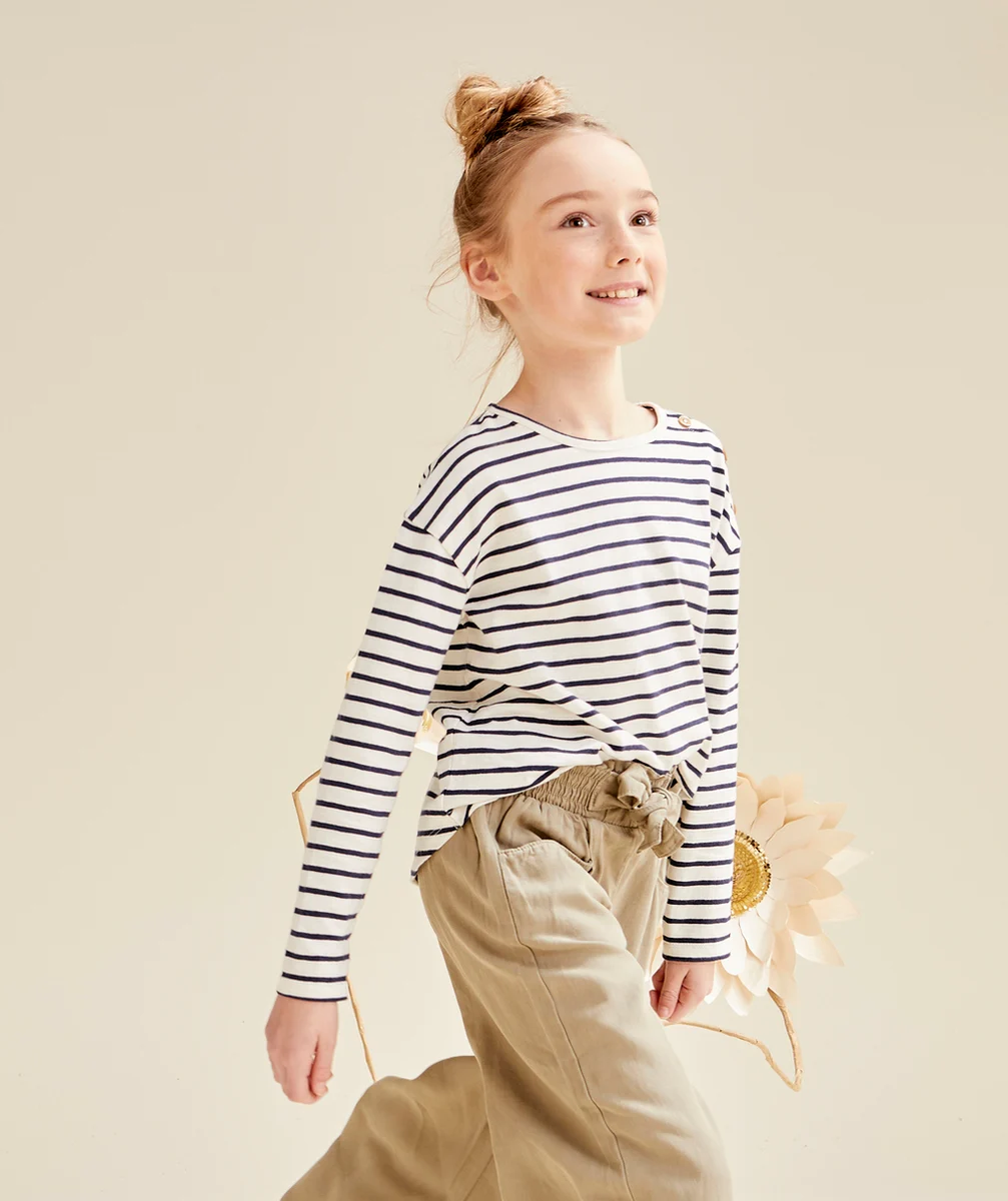 T-SHIRT MANCHES LONGUES FILLE EN COTON BIO RAYÉ MARINE