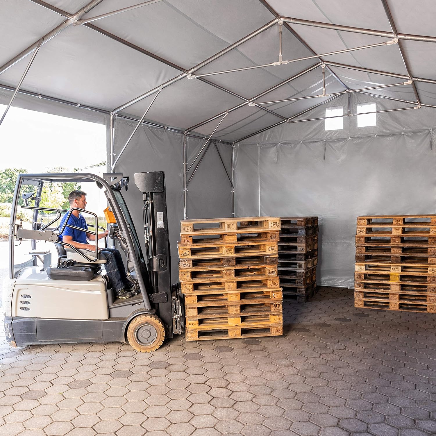 TOOLPORT Lagerzelt Industriezelt 8x12 m Zelthalle mit 3m Seitenhöhe PVC Plane 850 N grau wasserdicht Ganzjahreszelt mit Hochziehtor