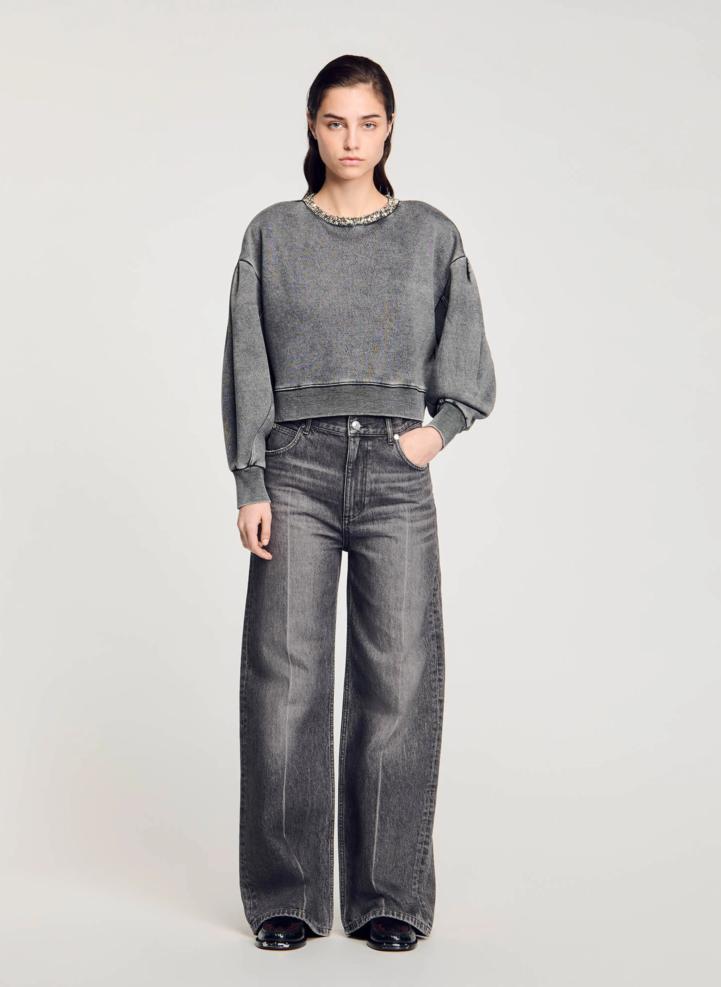 Sweat col rond en coton mélangé | Gris