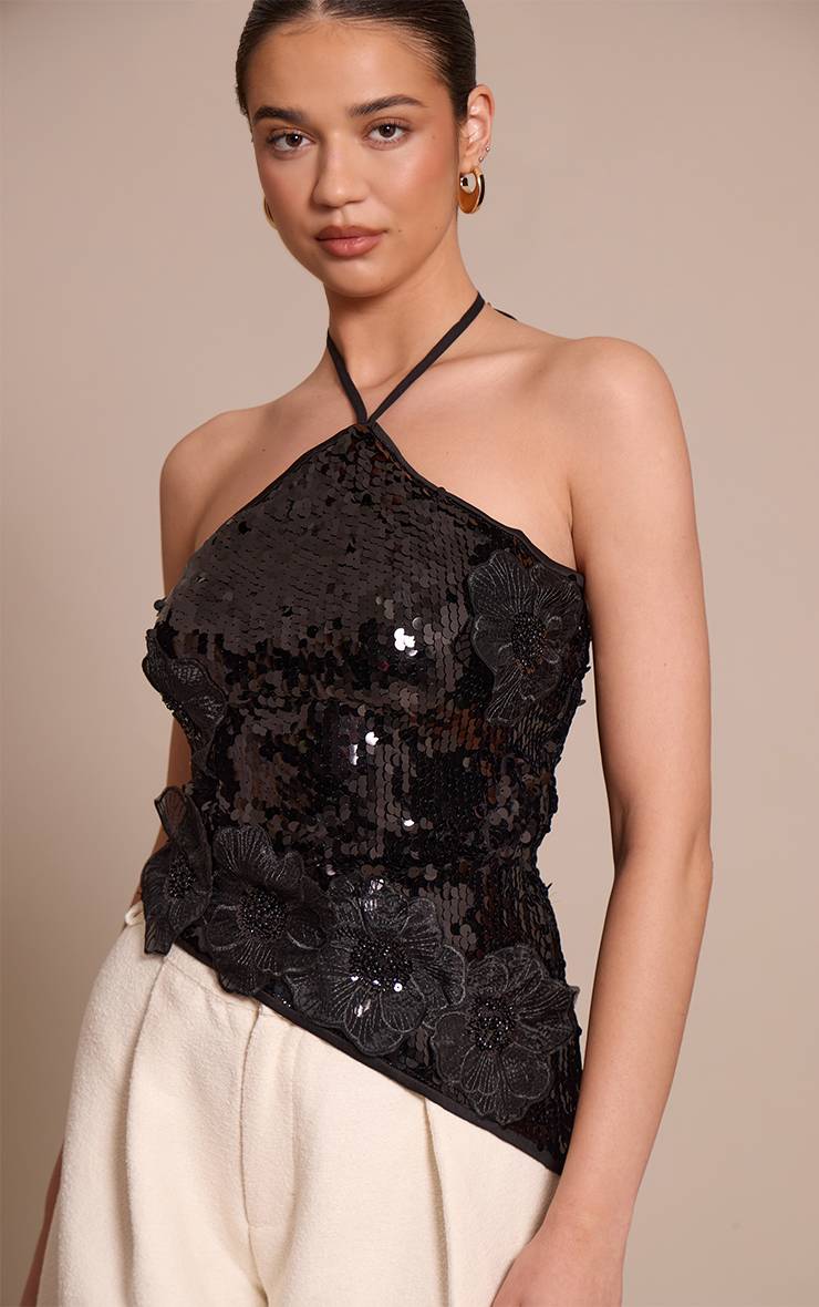 Noir Haut Asymétrique À Détails De Fleurs En Sequins