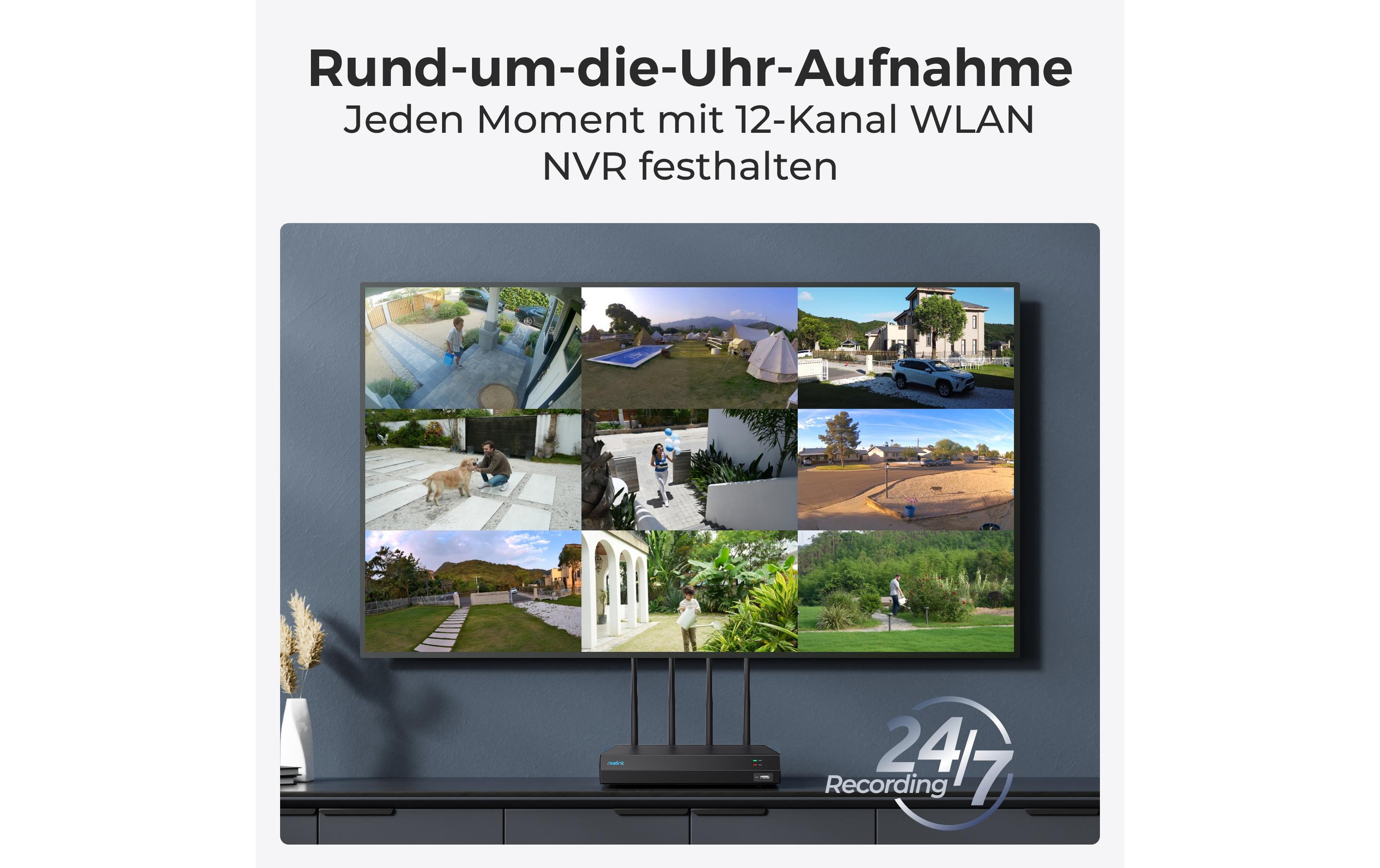 Überwachungsset NVS12-8 MB4W 4K WiFi inkl. 4 Kameras und 2TB<br>12-Kanal 4K Wifi Überwachungskamerasystem 24/7 inkl. 4x 8MP Wifi Kameras mit hochauflösender Nachtsicht