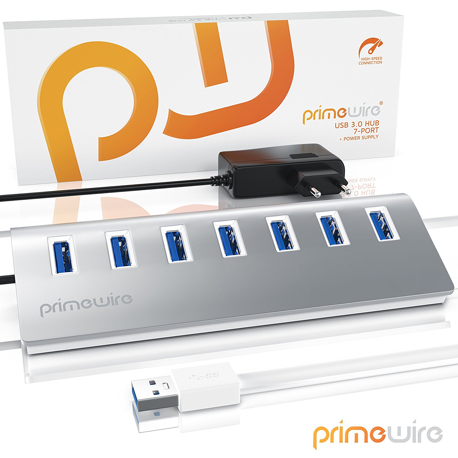 Primewire 7-Port USB 3.0 Hub inkl. 1m USB Verlängerungskabel Alu Gehäuse / inkl. Netzteil