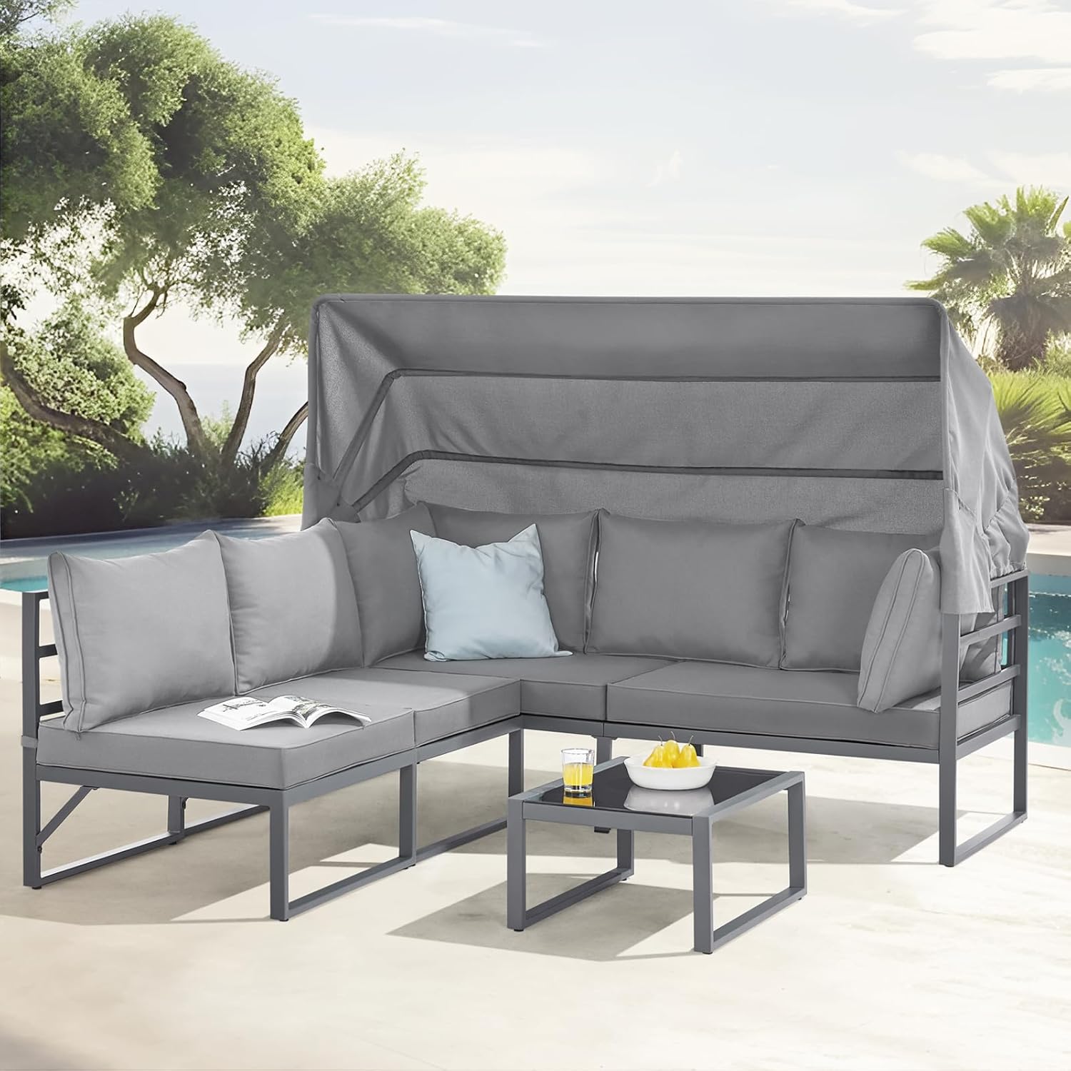 SVITA Maui Gartenmöbel-Lounge-Set mit Dach Outdoor-Sofa Strandkorb-Sonneninsel Stahl Hellgrau