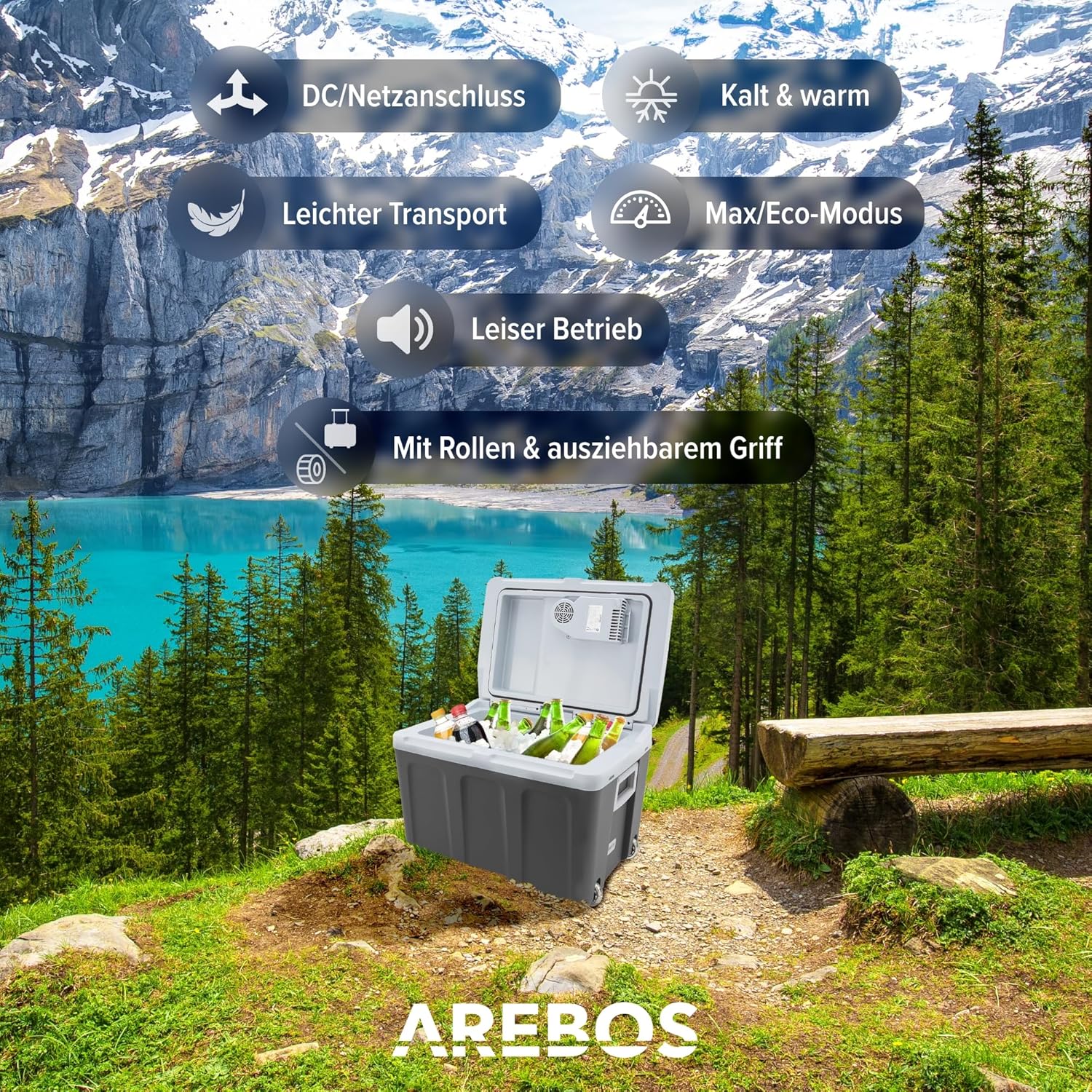 Arebos 40 Liter Kühlbox | zum Kühlen & Warmhalten | Mini Kühlschrank | Mobil Kühlschrank mit ECO Modus | 12/230 V für Auto & Steckdose | elektrische Kühlbox | Kühltasche | Isoliertasche | Anthrazit