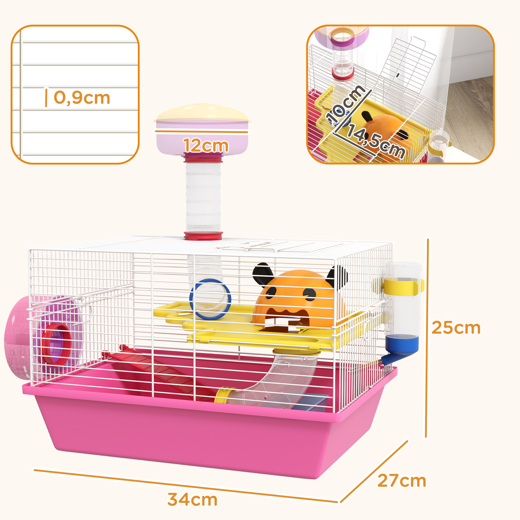 Gaiola PawHut para Hamster, Casinha para Pequenos Animais com Bebedouro, Roda de Exercícios, Torre de Observação e Casinha, 34x27x25 cm, Rosa