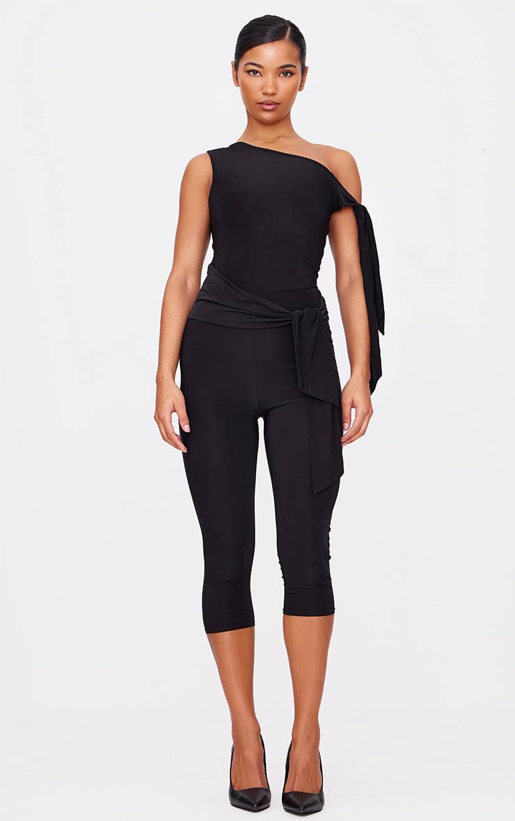 Noir Combinaison Capri En Tissu Soyeux Double Couche Avec Détail Noué