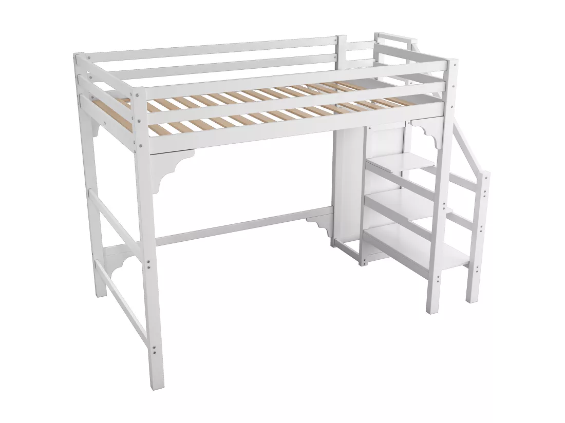 Lit mezzanine 140 x 200 cm avec escalier et penderie, bois pin et MDF, sommier à lattes inclus, blanc