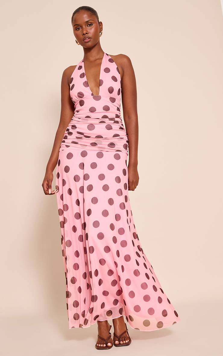 Rose Robe Longue En Mousseline À Pois Et Col Licou