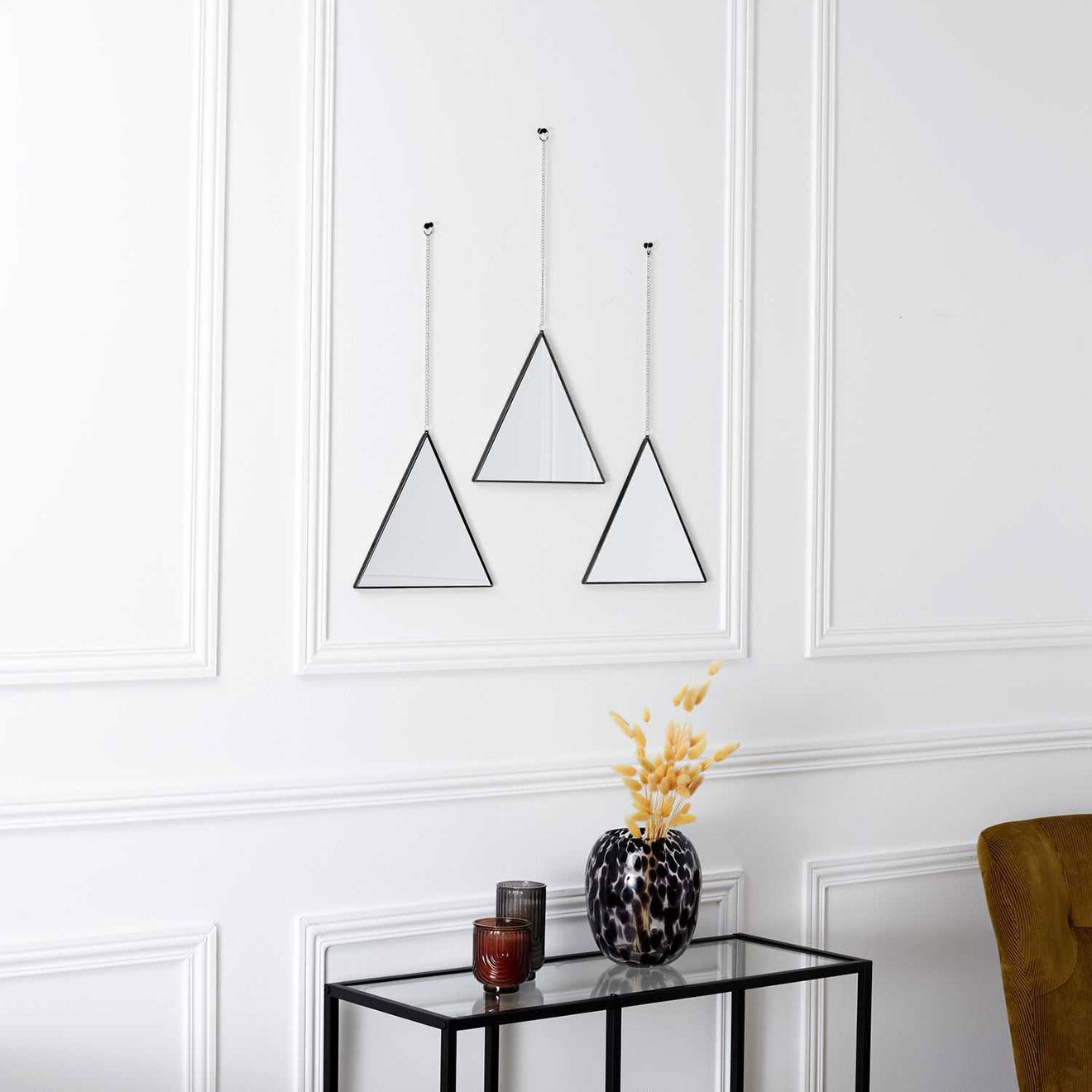Home Deco Factory 3 Miroirs triangle suspendu Louxor noirs - 24.9x22.4x1.02 cm