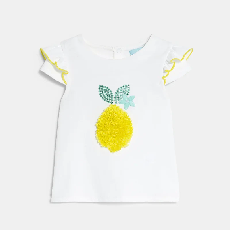 T-shirt volants imprimé citron blanc bébé fille Blanc