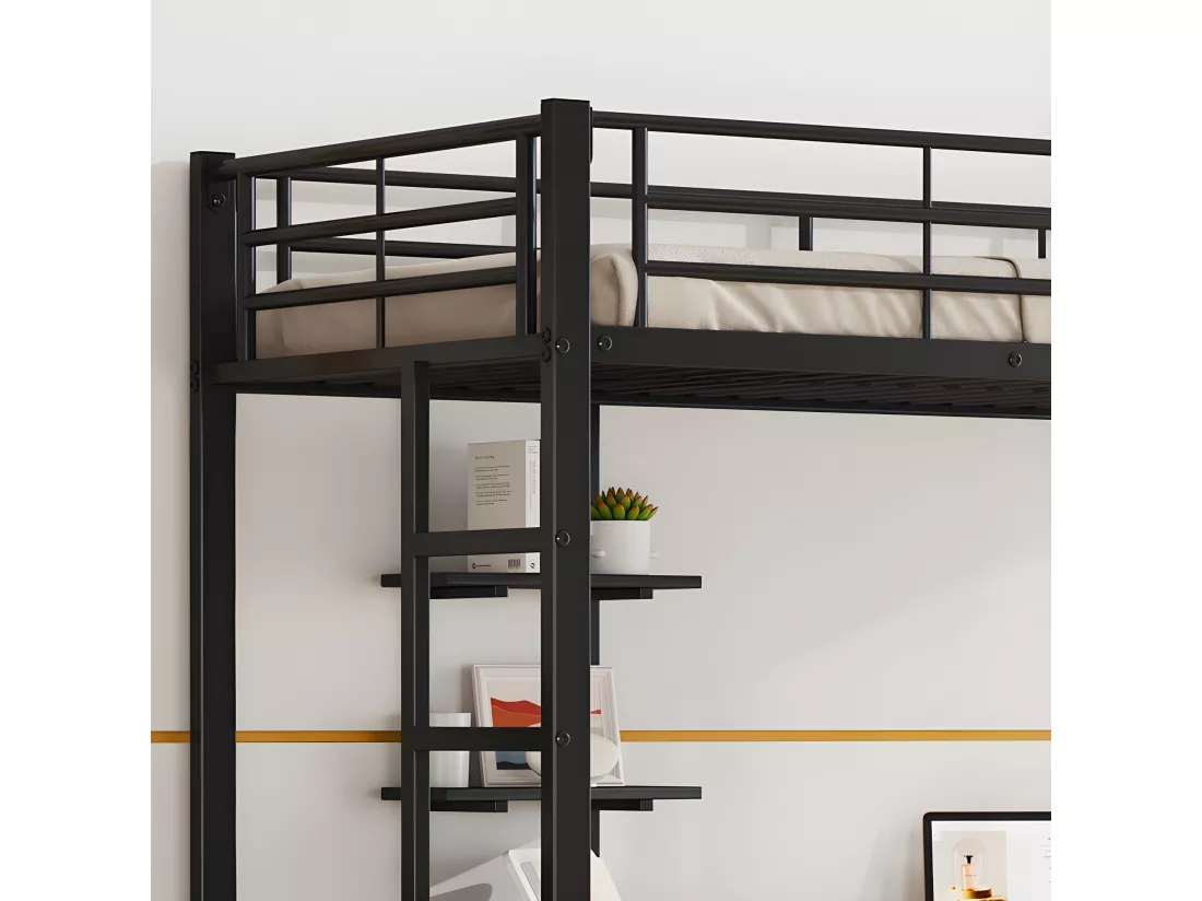 Lit mezzanine 90x200 cm - avec bureau et étagères - cadre en fer - Noir