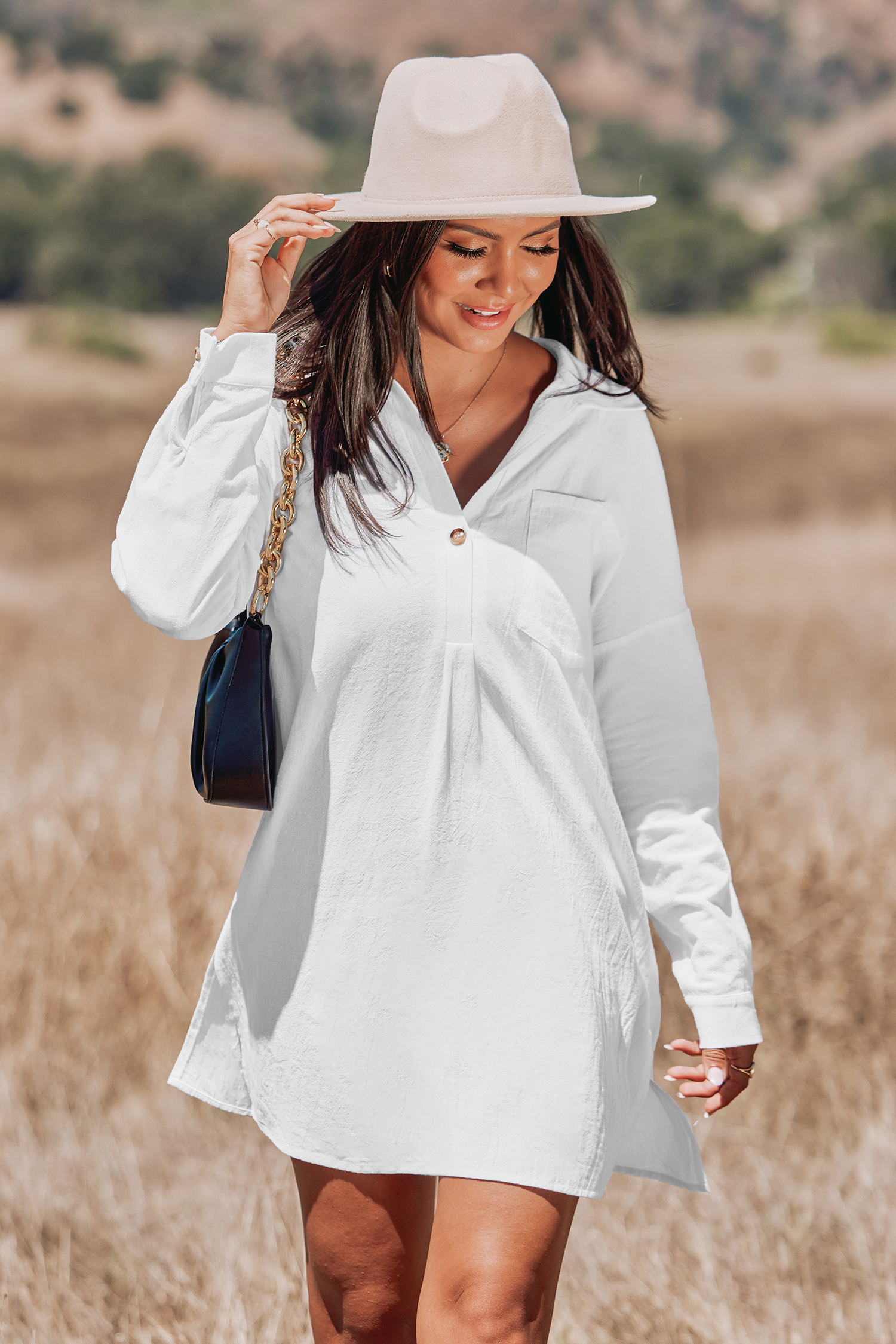 Robe chemise mini en pur coton à manches longues