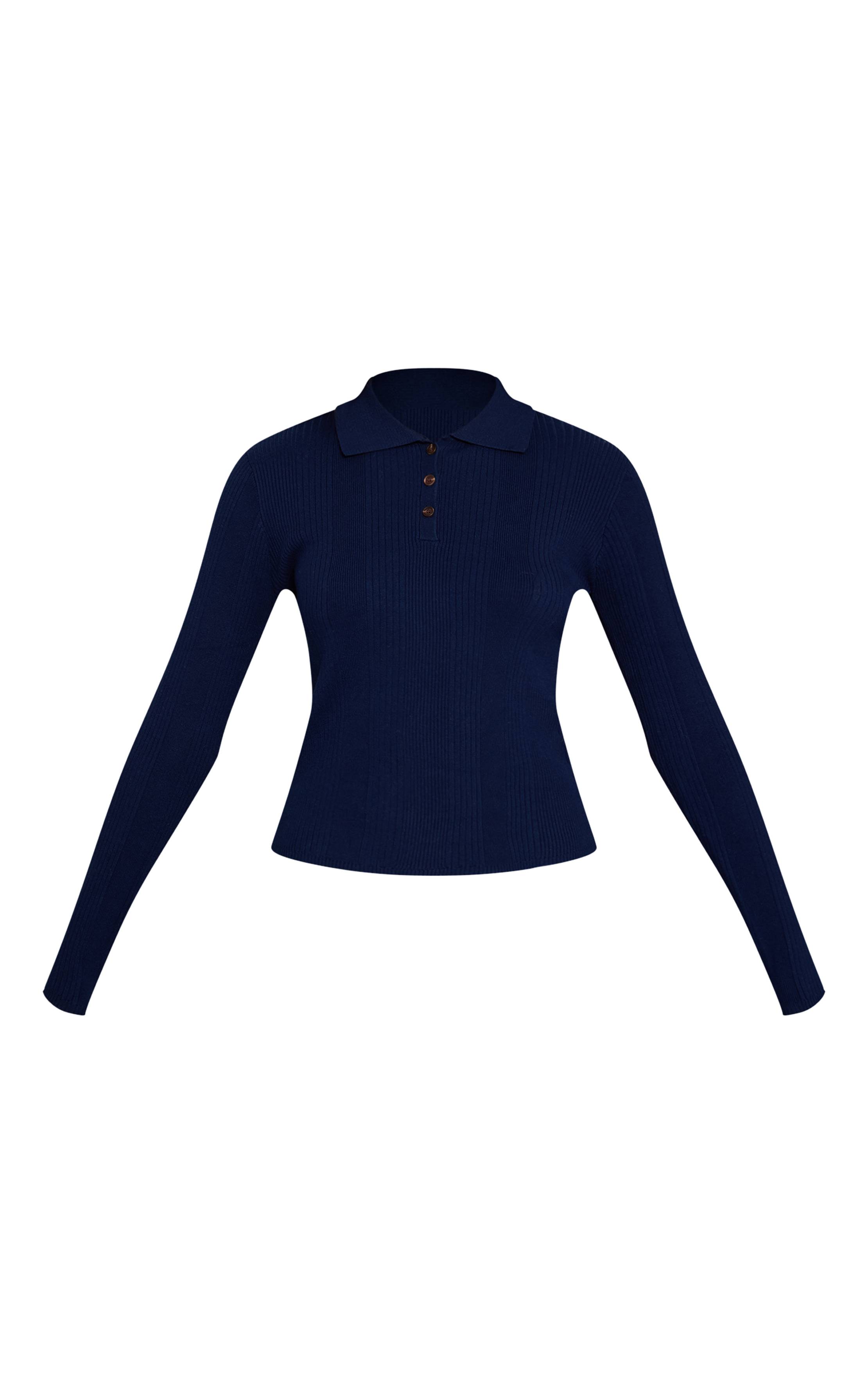 Bleu Marine Haut Polo À Manches Longues En Maille Côtelée