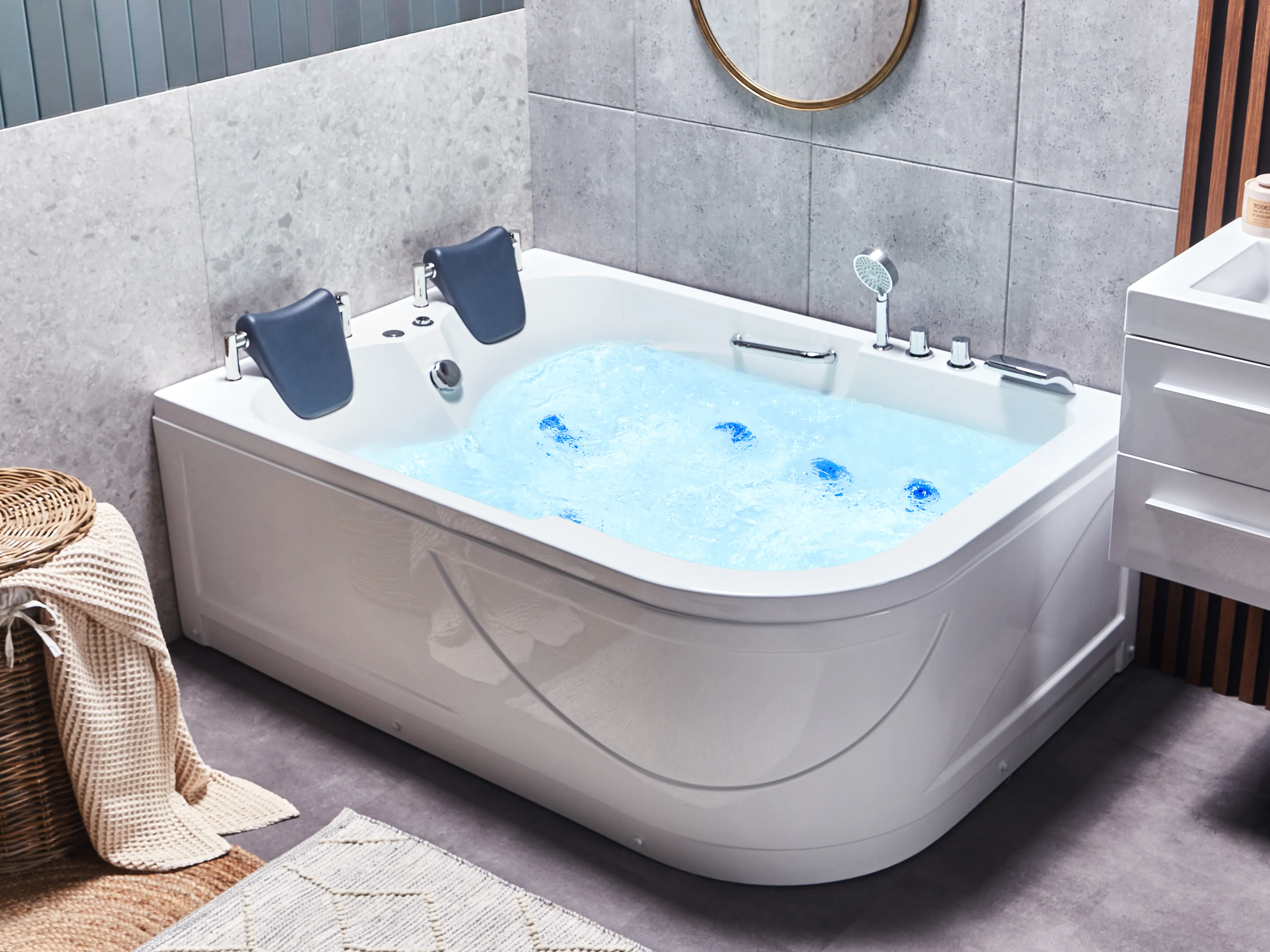 Hoek bubbelbad met LED BAYAMO rechtszijdig 170 x 120 cm Wit