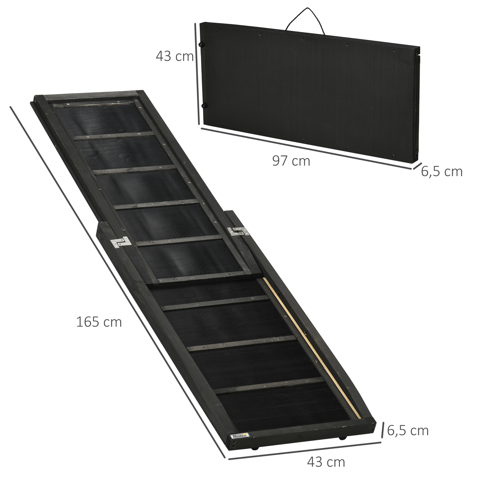 Rampa de madeira para cães PawHut, 165x43x6,5 cm, dobrável, com tapete antiderrapante, escada portátil para carro, capacidade de carga de 40 kg, preta.