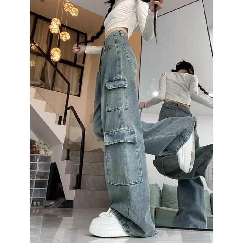 Porstina - Mid Waist Washed Wide Leg Cargo Jeans