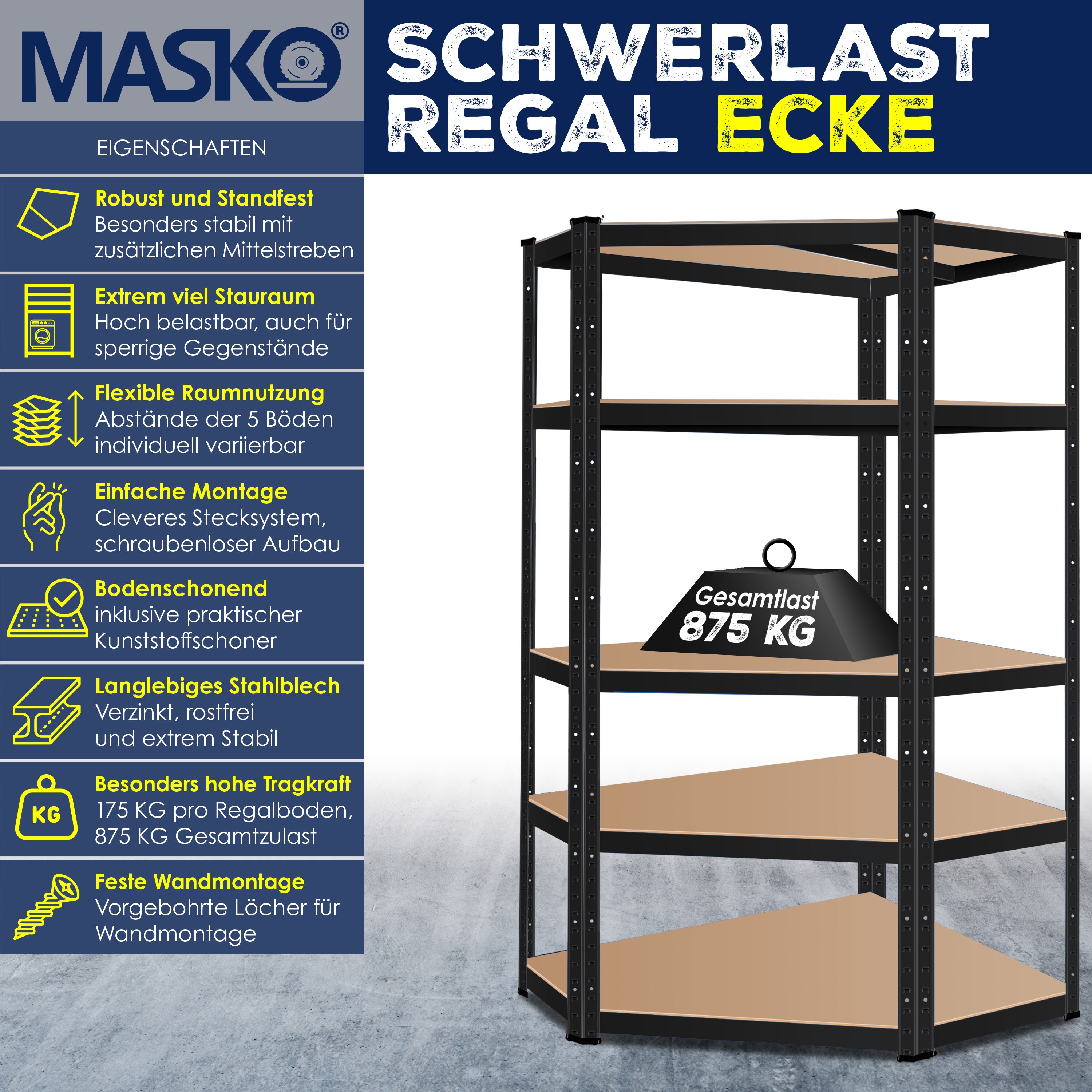 MASKO® Eckregal Lagerregal Schwerlastregal, Kellerregal, 180x75x40cm , bis 875 kg, 5 verstellbare Ablagen, MDF-Platten Regal aus Metall, Steckregal, Werkstattregal, Keller, Garage