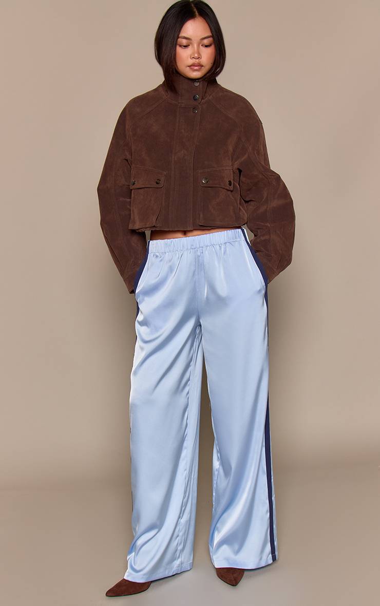 Bleu Pantalon Large En Satin À Bandes Contrastées