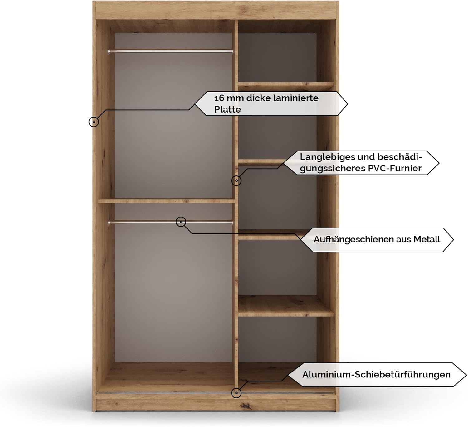 Kryspol Schwebetürenschrank York 120 cm Kleiderschrank mit Kleiderstange und Einlegeboden Schlafzimmer- Wohnzimmerschrank Schiebetüren Modern Design (Artisan Eiche)