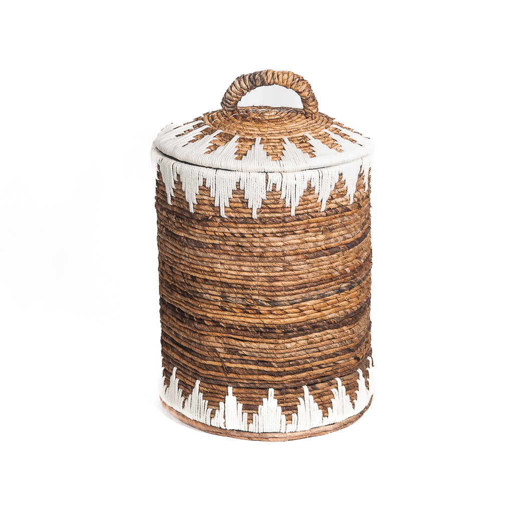 Mand Sekitar naturel/wit van waterhyacint gewoven met touw medium