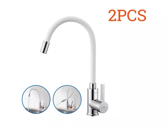 2pcs Robinet de Cuisine Flexible Bec Haut Orientable Librement Mitigeur Évier Laiton Robinet Evier Monotrou à Eau Chaude et Froide,Blanc