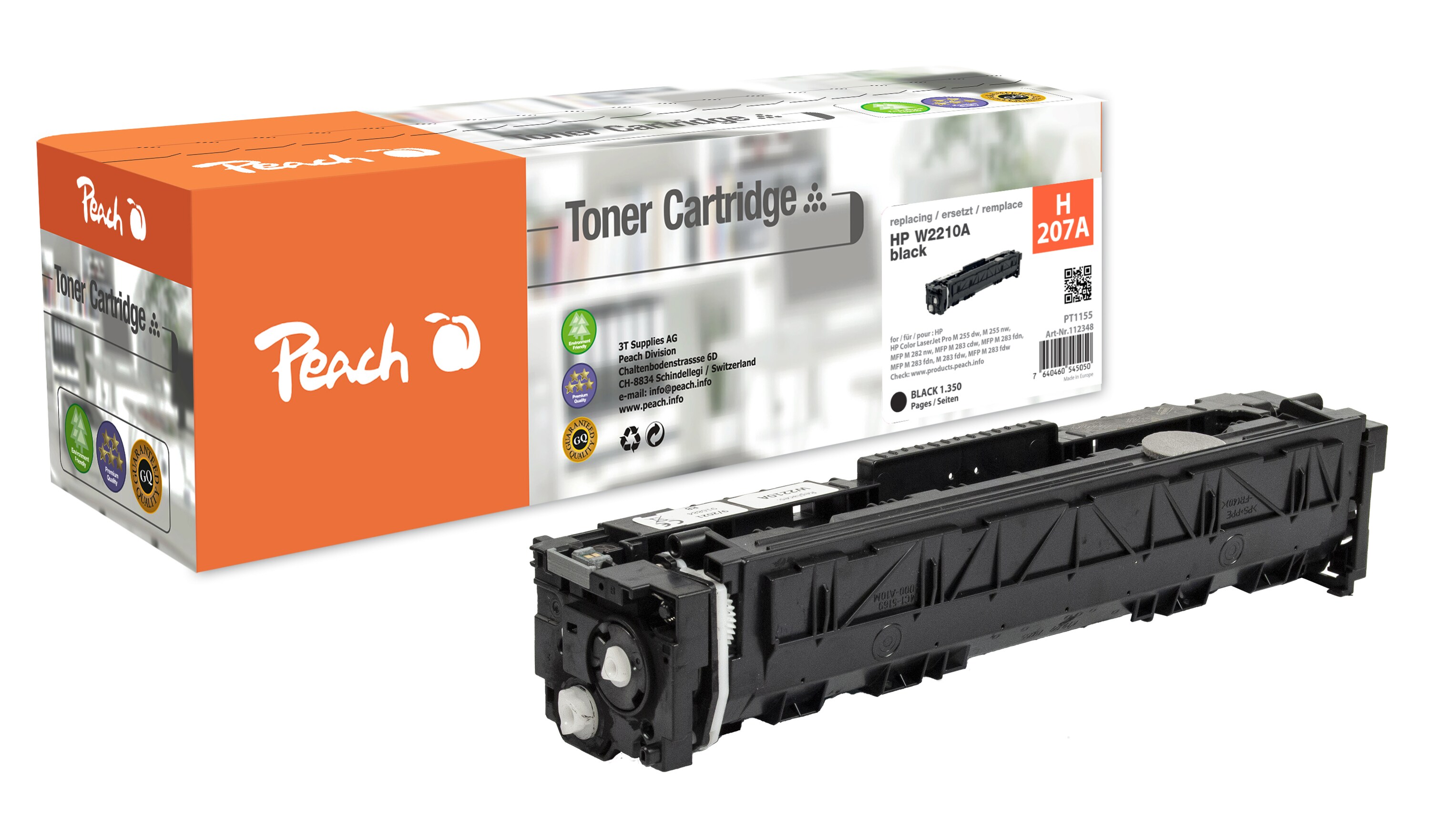 Peach HP 207 A Toner bk ersetzt HP No. 207A, W2210A für z.B. HP Color LaserJet Pro MFP M 283 fdw, HP Color LaserJet Pro MFP M 283 cdw (wiederaufbereitet)