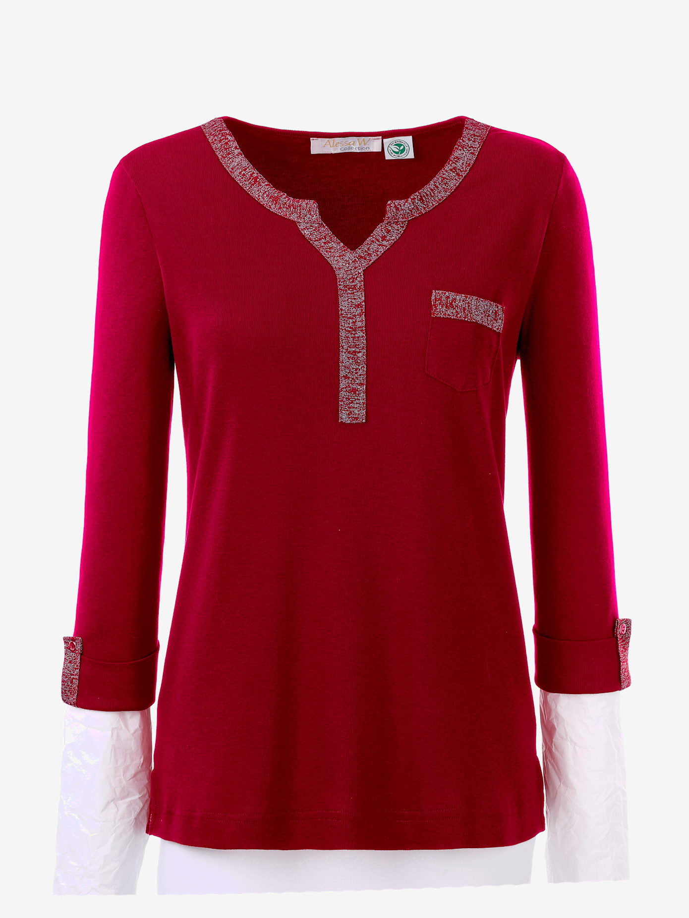 T-shirt col v imprimé manches 3/4 poche poitrine