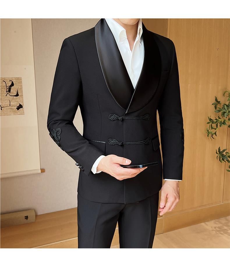 Sheck - Set: Sjaalkraag effen dubbelrijs blazer + middelhoge effen wijde broek