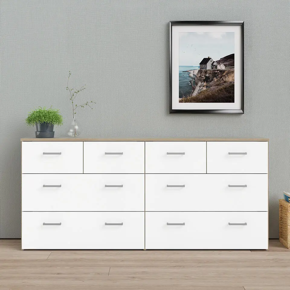 Hioshop Spell Ladekast breed 4 kleine en 4 grote laden eiken decor- wit
