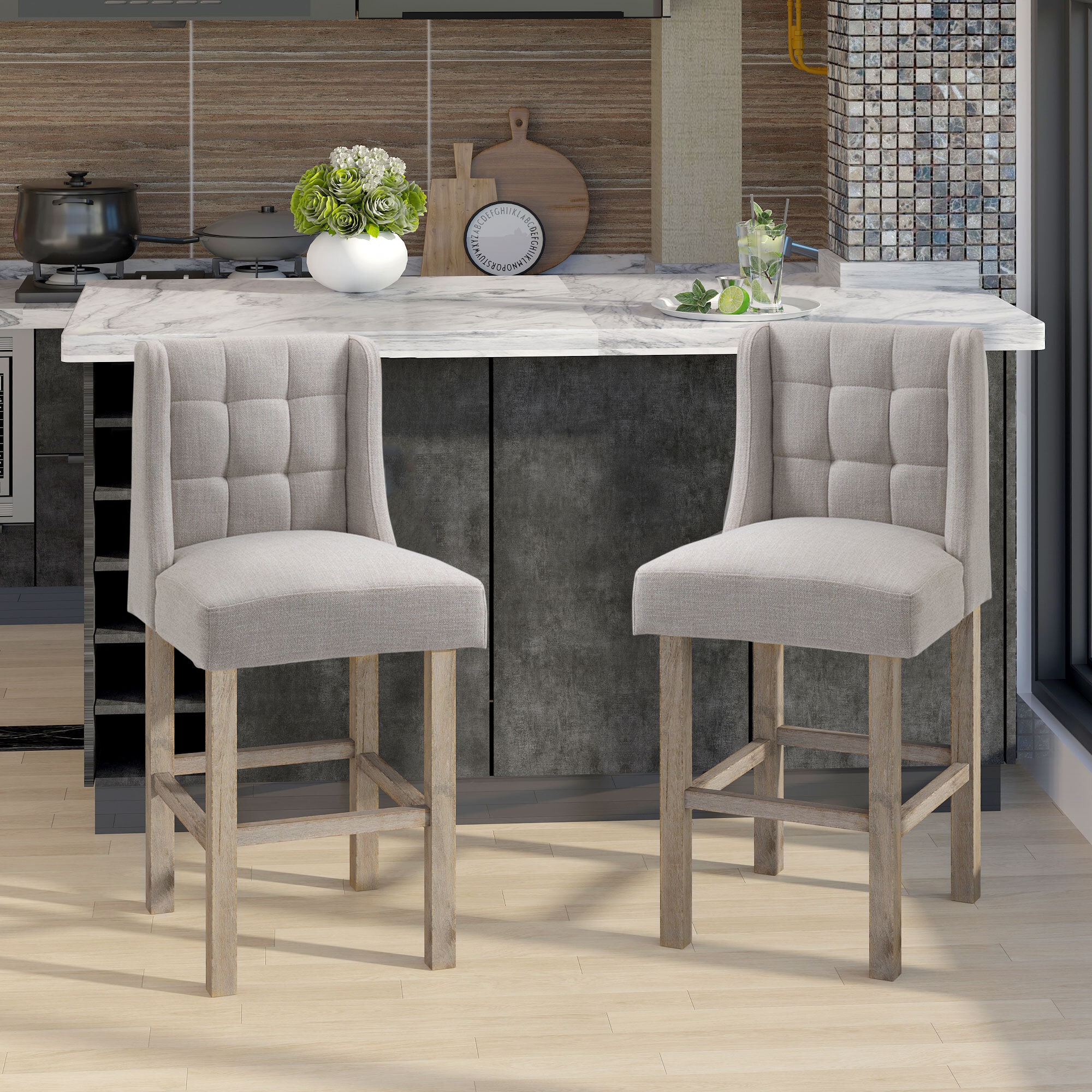 HOMCOM Barhocker 2-er Set, Gebogene Federn Beige 47 x 50 x 101 cm (BxTxH)