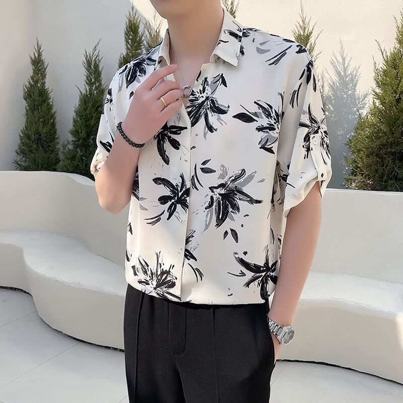 Sheck - Oversized overhemd met korte mouwen, reverskraag en bloemenprint