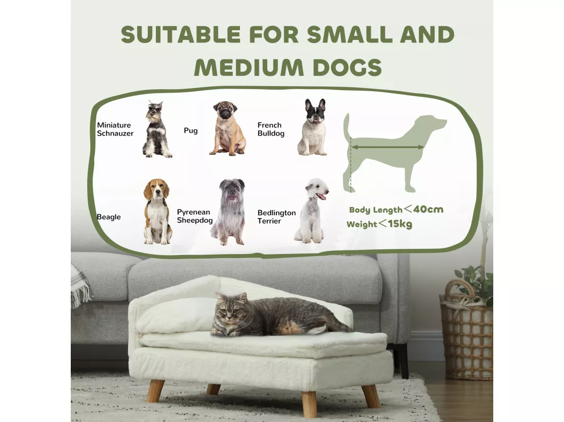 Canapé chien méridienne style scandinave 2 coussins déhoussables bois aspect fourrure crème