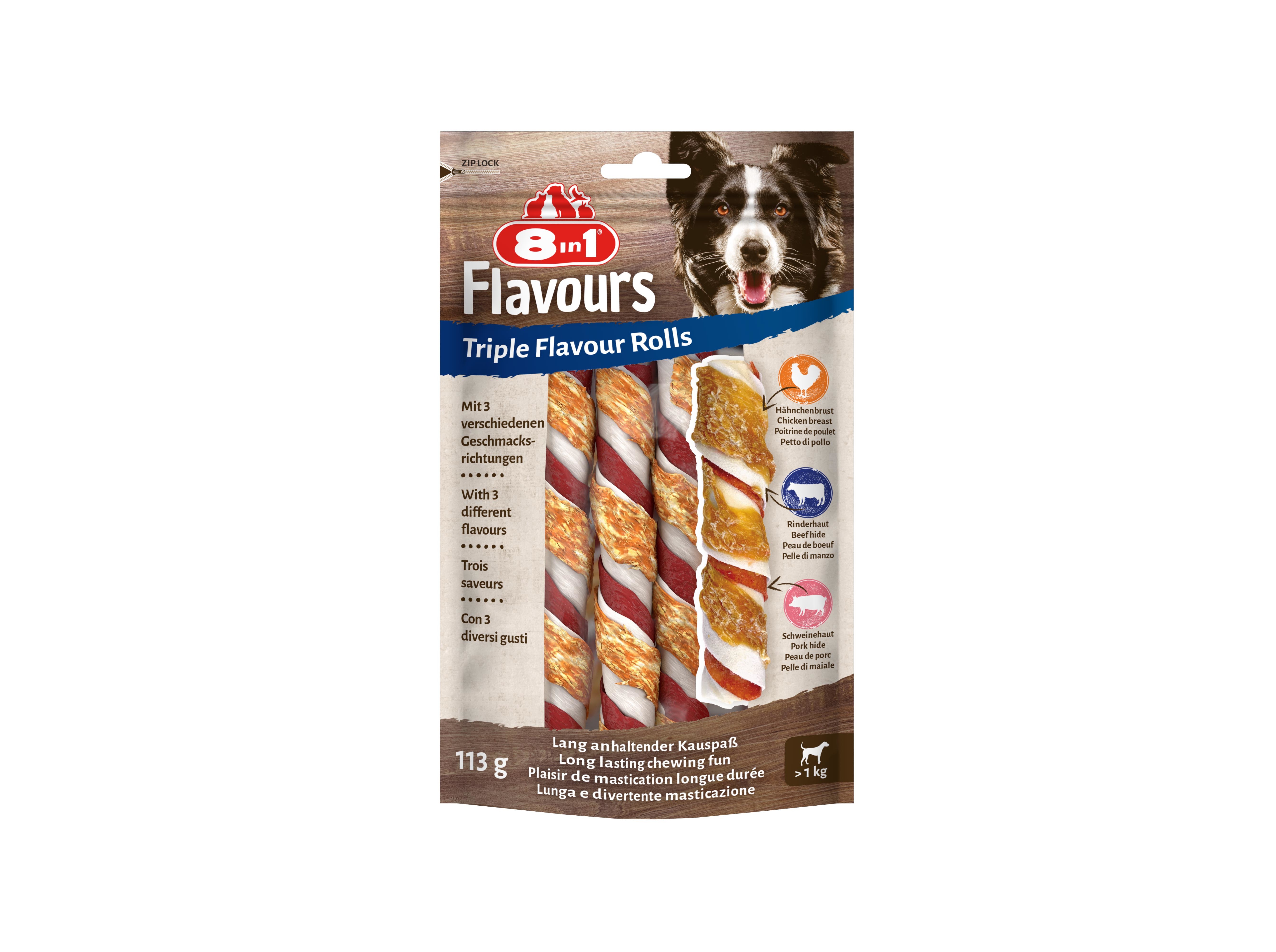 SNACKS CÃO 8IN1 TRIPLE FLAVOUR ROLLS 113G