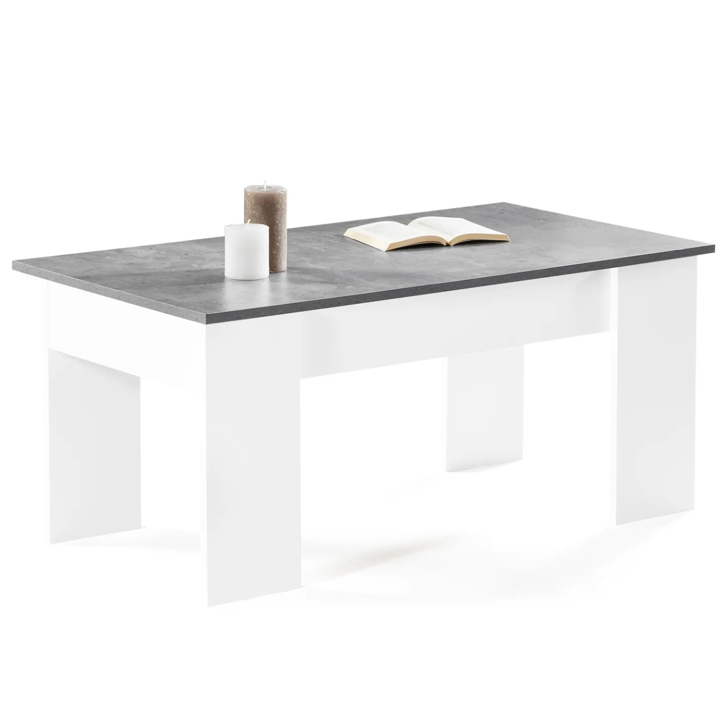 Table basse plateau relevable rectangulaire TARA bois blanc et effet béton