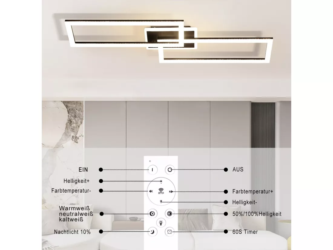 NETTLIFE Plafonnier LED Salon Dimmable 56W Noir Lampe de Salon Design Cristal Moderne Lampe de Chambre avec Télécommande Lampe de Cuisine Chambre