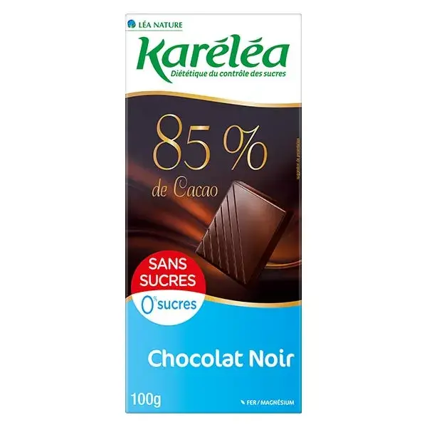 Barra de chocolate Karéléa sem açúcar, chocolate amargo 85% cacau, 100g