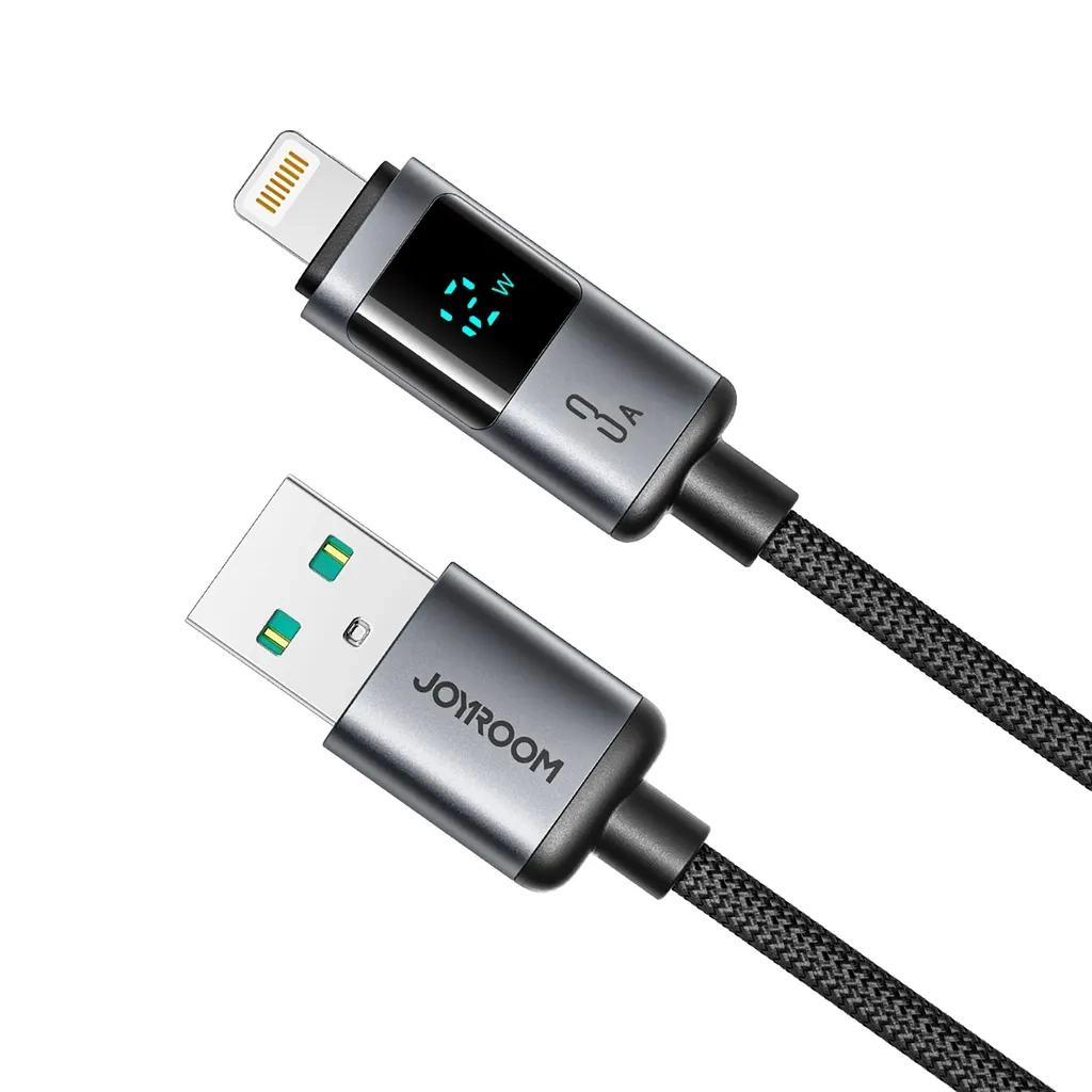 (1.2m) 12W/3A USB A auf Lightning Ladekabel Nylon Datenkabel mit LED Spannungs Anzeige - Schwarz