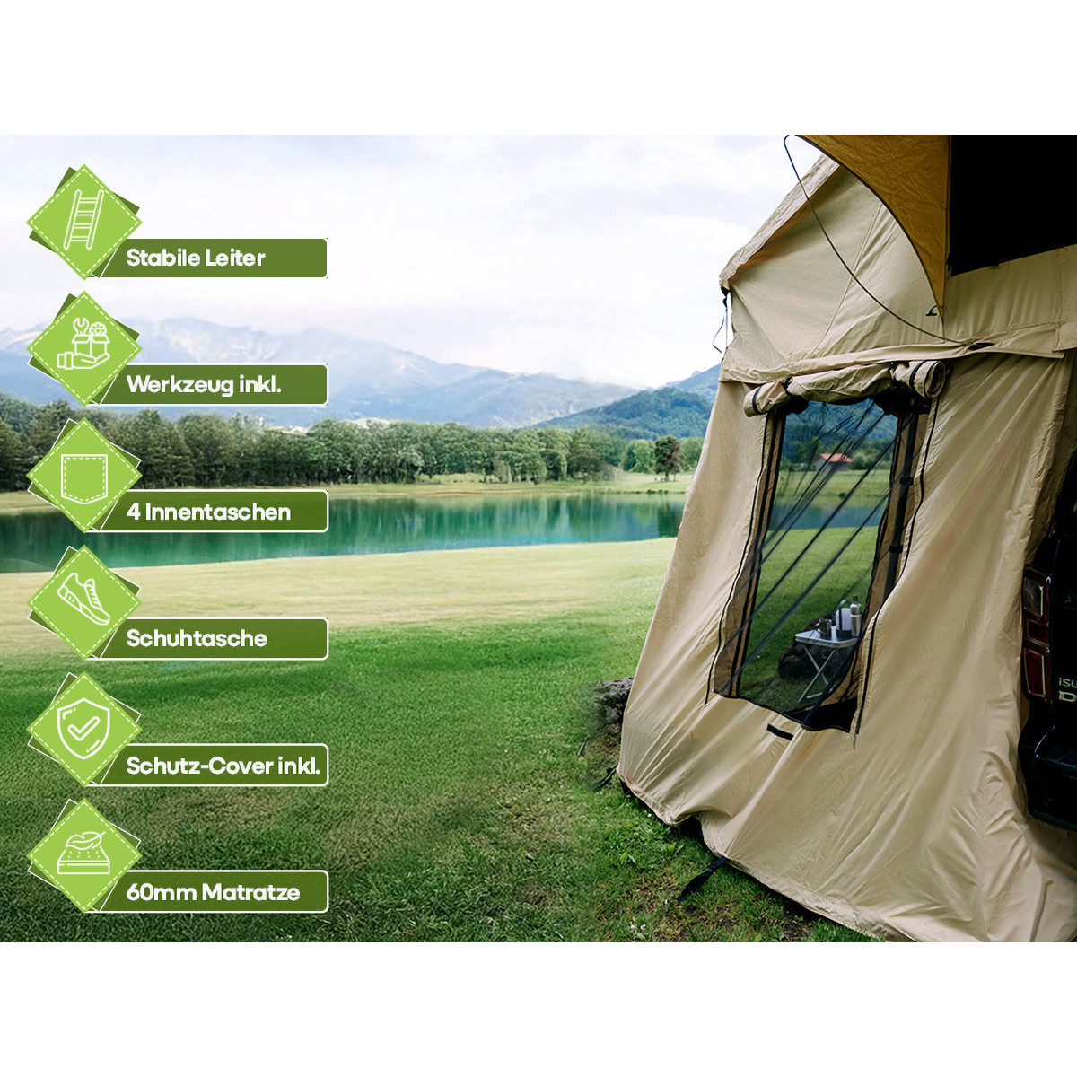 OutdoorU Family 5 Pers daktent incl. voortent & ladder - Khaki