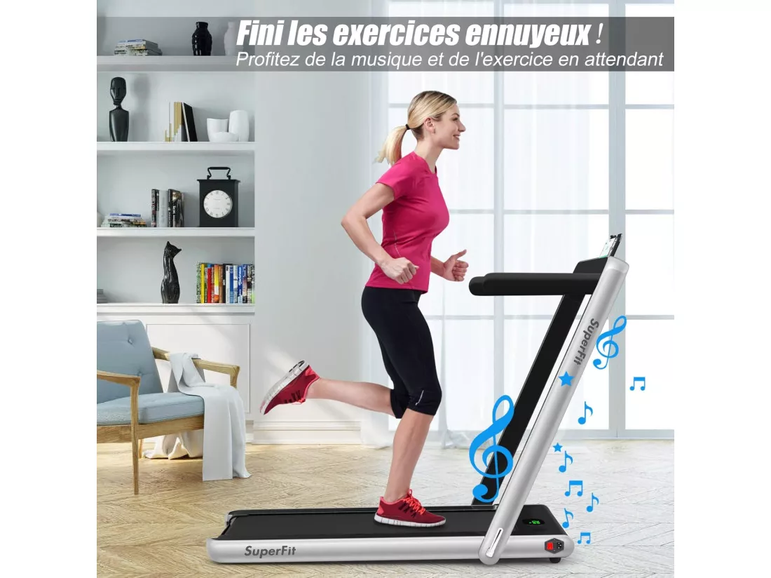 Tapis de Course Electrique Pliable 2 en 1 Contrôlé par APP 12 Km/H avec Ecran LED Haut-parleur Bluetooth Moteur 0,75HP (Argent)