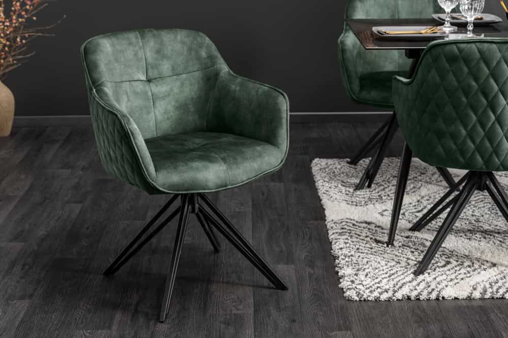 Drehbarer Design Stuhl EUPHORIA dunkelgrün Samt mit Armlehne Metallgestell schwarz