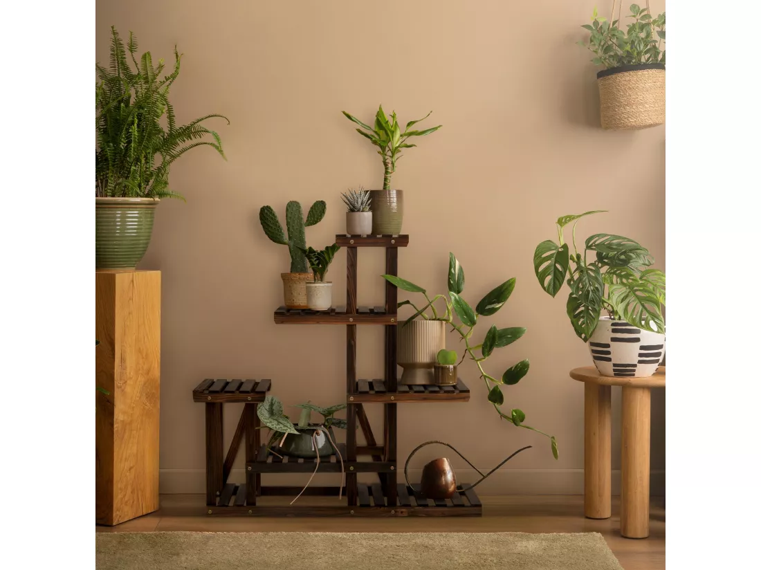 Étagère à fleurs en bois brun carbonisé meuble 6 niveaux support pot pour salon