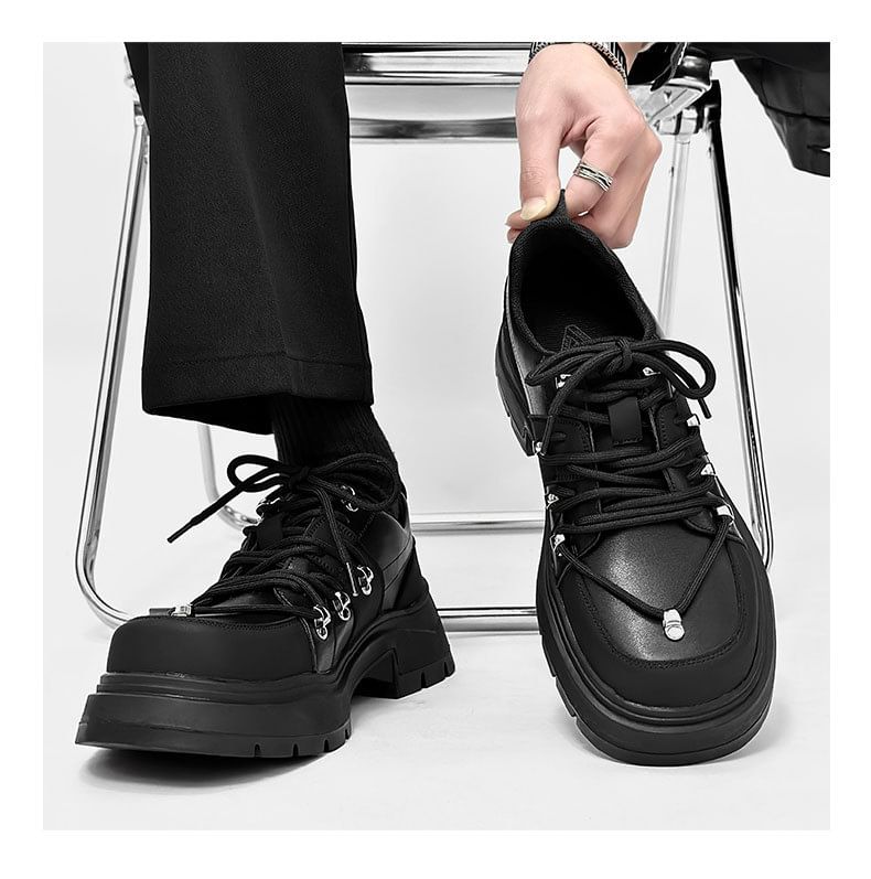 Malnia Home - Platform Plain Lace-Up Faux Leather Shoes