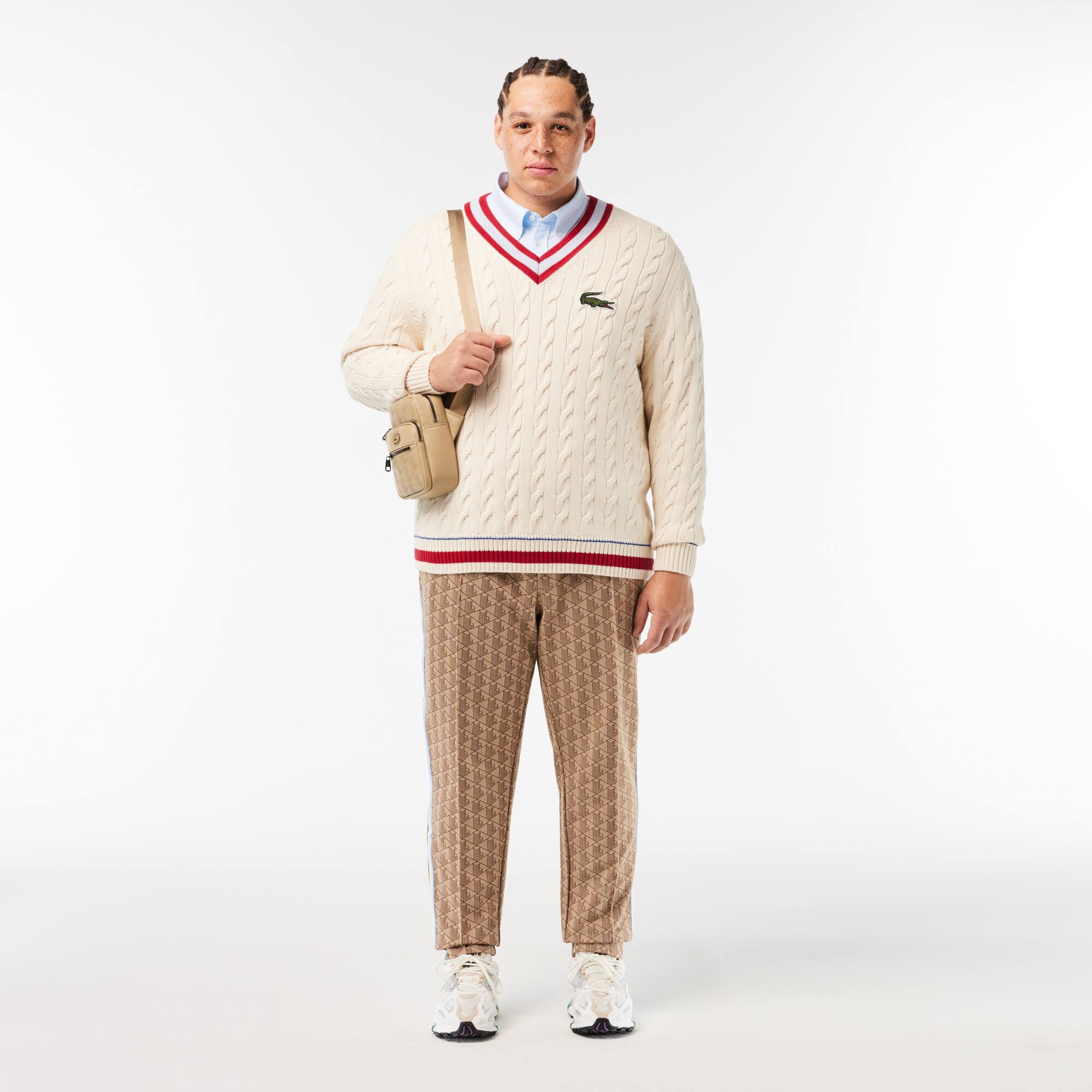 Unisex LACOSTE Pullover im Zopfmuster aus Bio-Baumwolle mit V-Ausschnitt Pullover - Weiss - Lacoste - Unisex